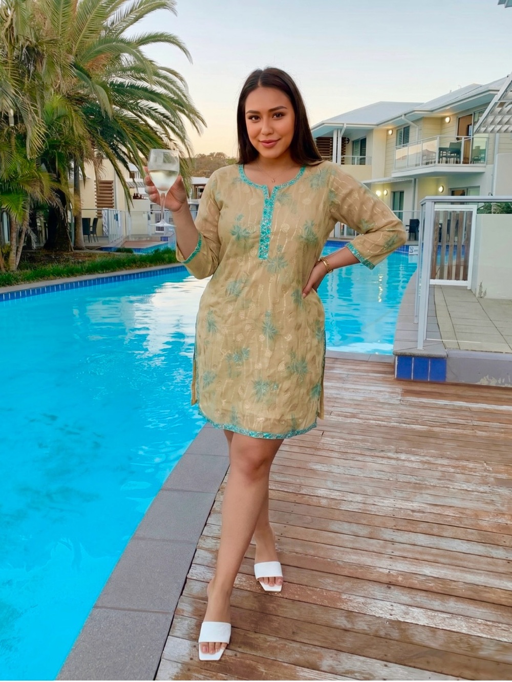 Silk Midi Kaftan Handmade Embellished Tunic Dress Beach cover Up Size Small
